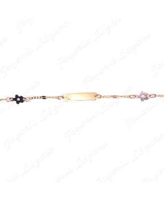 ESCLAVA BEBE ORO 18 KTS BICOLOR FLORES EN CADENA PLACA BRILLO