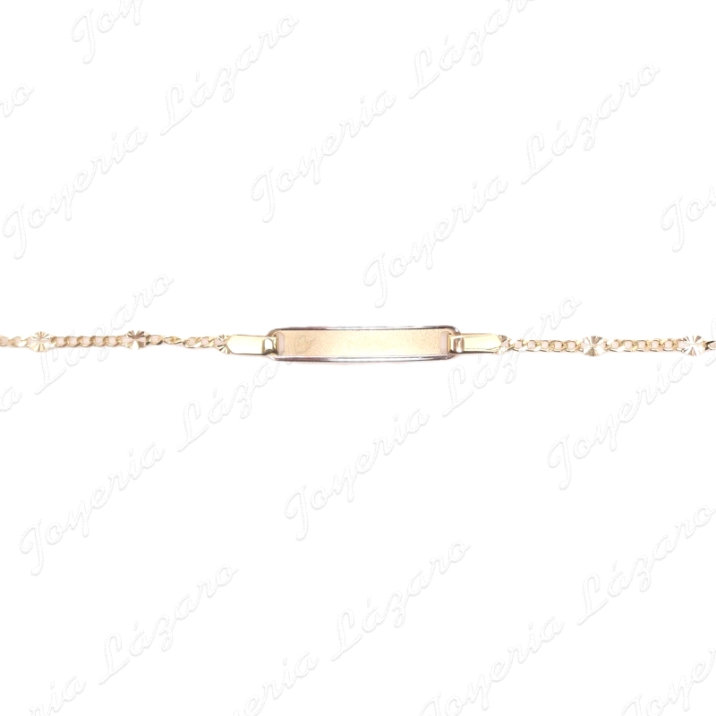 ESCLAVA BEBE ORO 18 KTS  PLACA BICOLOR, 2 POSTURAS, MOTIVOS TALLADOS C