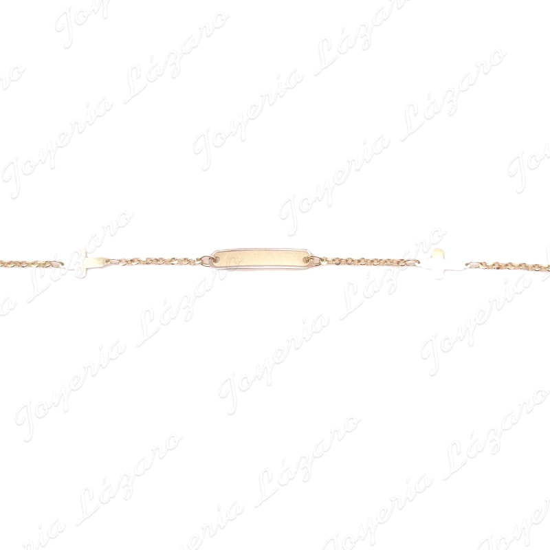 ESCLAVA BEBE ORO 18 KTS 2 POSTURAS, PLACA BRILLO+2 CRUCES