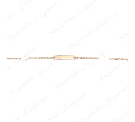 ESCLAVA BEBE ORO 18 KTS 2 POSTURAS, PLACA BRILLO+2 CRUCES