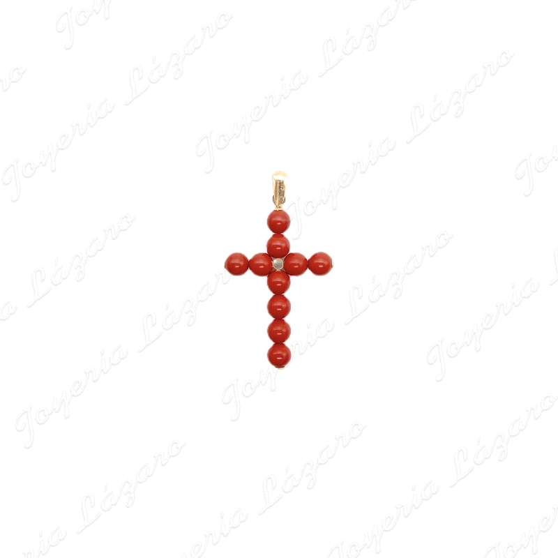 CRUZ ORO 18 KTS BOLITAS CORAL ROJO SINT. 13X22MM SIN ASA