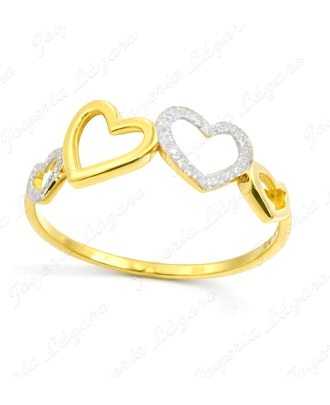 SORTIJA ORO 9 KTS CORAZONES LISOS AMARILLOS Y RALLADOS BLANCOS