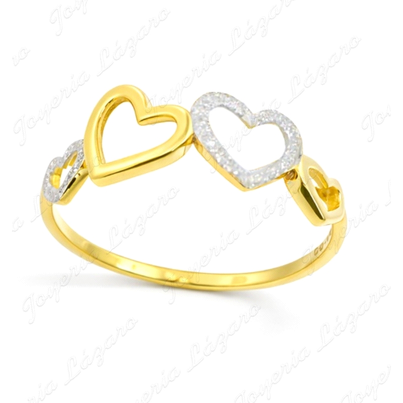 SORTIJA ORO 9 KTS CORAZONES LISOS AMARILLOS Y RALLADOS BLANCOS