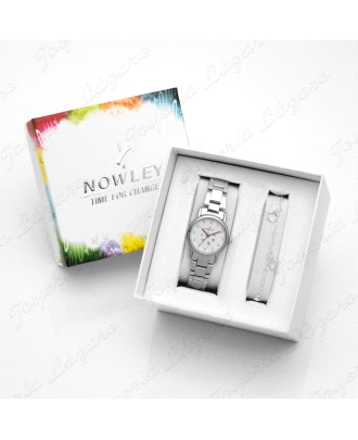 PACK RELOJ NOWLEY+PULSERA PLATA COMUNION ESF. BLANCA NUMEROS Y ESTRELL                              