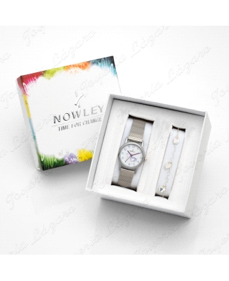 PACK NOWLEY RELOJ+PULSERA PLATA NIÑA COMUNION ESF. BLANCA CORAZONES LI                              