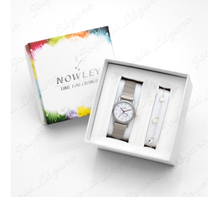 PACK NOWLEY RELOJ+PULSERA PLATA NIÑA COMUNION ESF. BLANCA CORAZONES LI