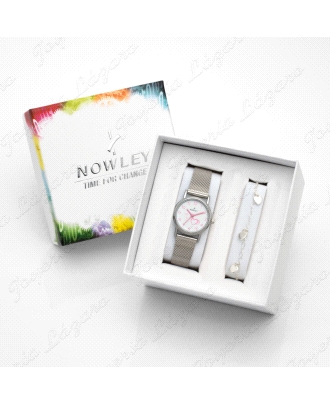 PACK NOWLEY RELOJ+ PULSERA PLATA, NIÑA COMUNION ESF. BLANCA CORAZONES                               
