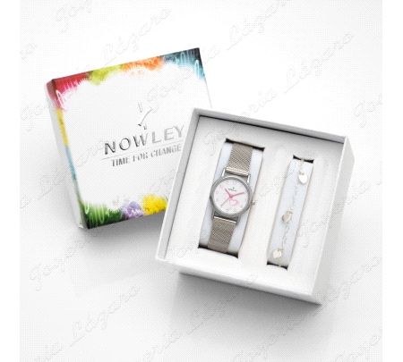 PACK NOWLEY RELOJ+ PULSERA PLATA, NIÑA COMUNION ESF. BLANCA CORAZONES