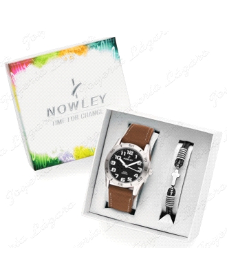PACK RELOJ NOWLEY+PULSERA JUNIOR NIÑO COMUNION ESF. NEGRA CORREA PIEL                               