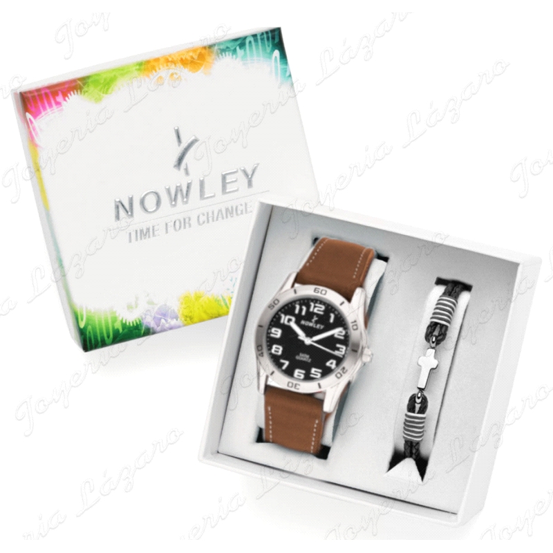 PACK RELOJ NOWLEY+PULSERA JUNIOR NIÑO COMUNION ESF. NEGRA CORREA PIEL                               