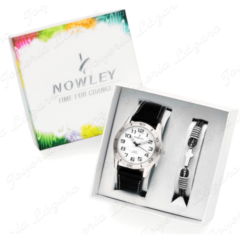 PACK NOWLEY RELOJ+PULSERA JUNIOR NIÑO COMUNION CORREA PIEL NEGRA  ESF                               