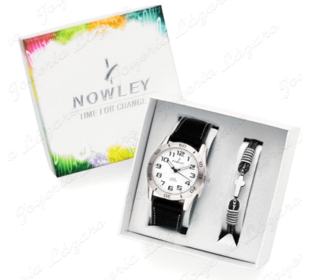 PACK NOWLEY RELOJ+PULSERA JUNIOR NIÑO COMUNION CORREA PIEL NEGRA  ESF                               