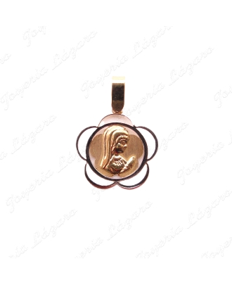 MEDALLA ORO 18 KTS BICOLOR VIRGEN NIÑA 14MM CERCO FLOR CALADO                                       