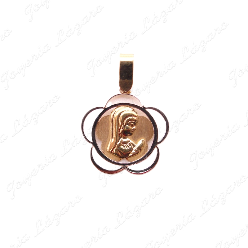 MEDALLA ORO 18 KTS BICOLOR VIRGEN NIÑA 14MM CERCO FLOR CALADO                                       