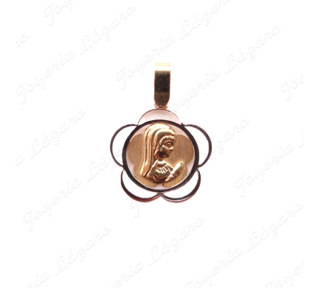 MEDALLA ORO 18 KTS BICOLOR VIRGEN NIÑA 14MM CERCO FLOR CALADO                                       