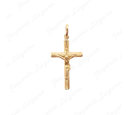 CRUZ ORO 18KT SEMINUEVA TUBO MADERO CON CRISTO 16X28MM