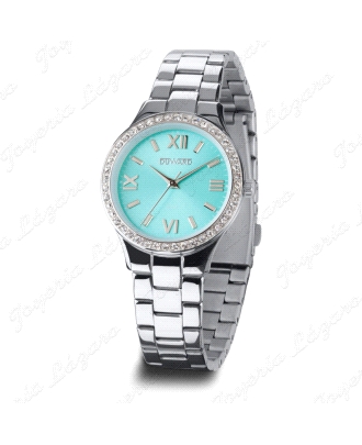 Reloj de mujer con caja y brazalete en acero . El bisel, decorado con circonitas cuidadosamente engastadas, añade un detalle sof