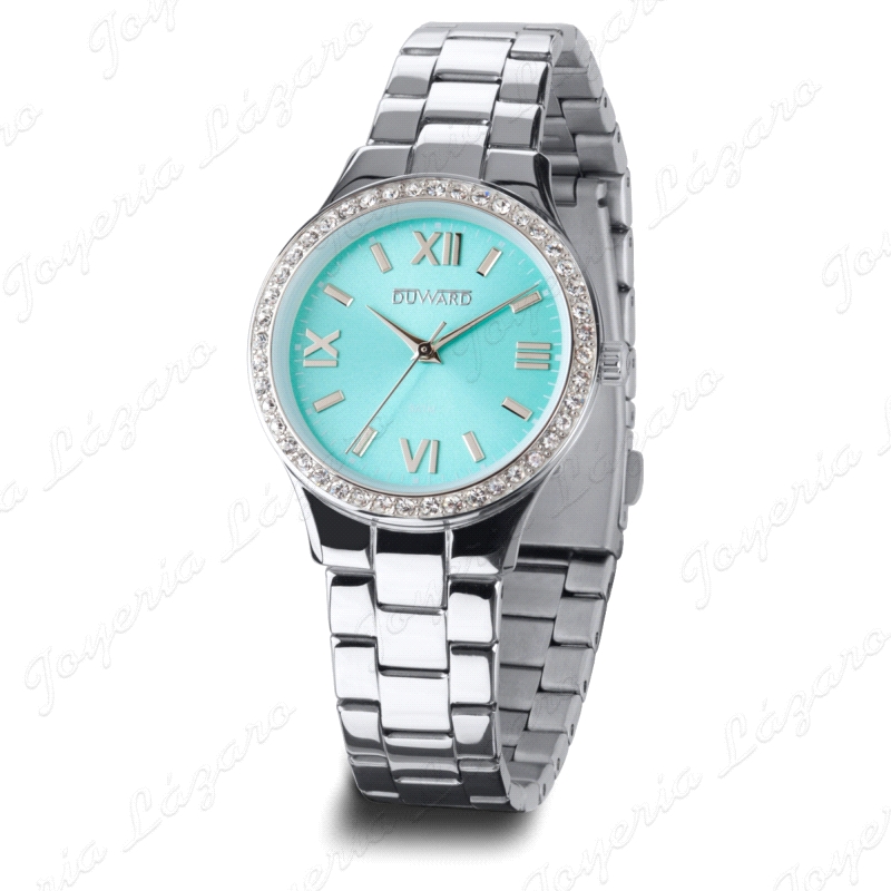 Reloj de mujer con caja y brazalete en acero . El bisel, decorado con circonitas cuidadosamente engastadas, añade un detalle sof