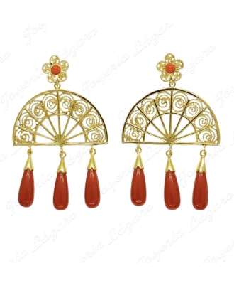 PEND. LARGOS PLATA CHAPADA ORO  ABANICO+3 CHUPONES ROJOS C. PRESION                                 