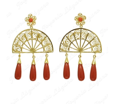 PEND. LARGOS PLATA CHAPADA ORO ABANICO+3 CHUPONES ROJOS C. PRESION