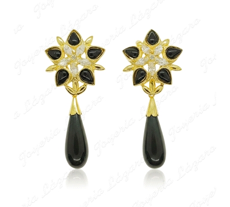 PEND. CORAL/SIMIL PLATA CHAPADA ORO, 51MM, ROSETON+CHUPON NEGRO +SWARO                              