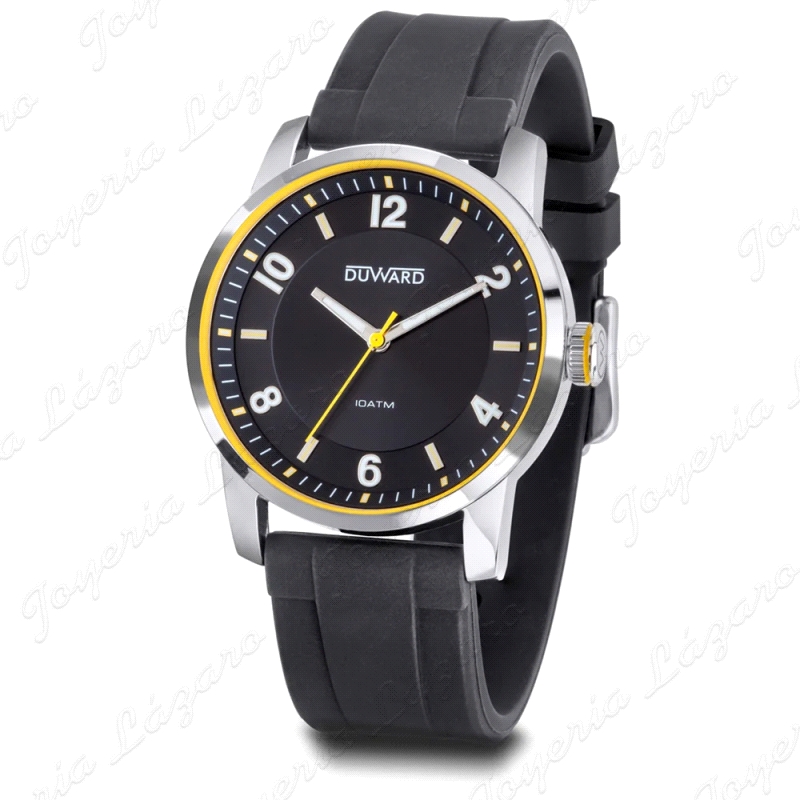 DUWARD RELOJ CABALLERO CORREA SILICONA NEGRA FILO AMARILLO