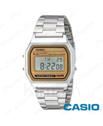 RELOJ CASIO PLATEADO VINTAGE DIGITAL A158WEA-9 BISEL DORADO