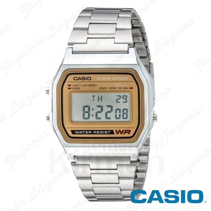 RELOJ CASIO PLATEADO VINTAGE DIGITAL A158WEA-9 BISEL DORADO