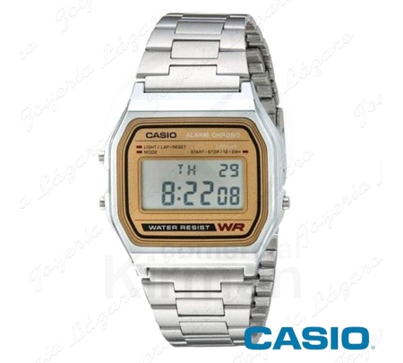 RELOJ CASIO PLATEADO VINTAGE DIGITAL A158WEA-9 BISEL DORADO