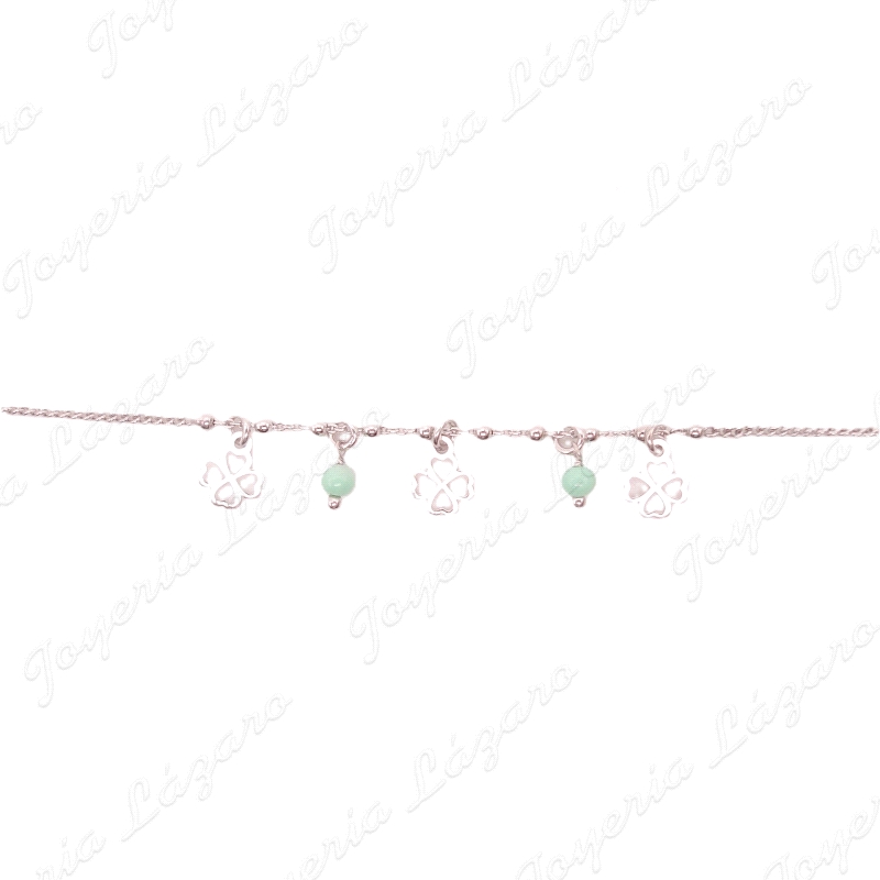 TOBILLERA PLATA TREBOLES + PIEDRAS VERDES