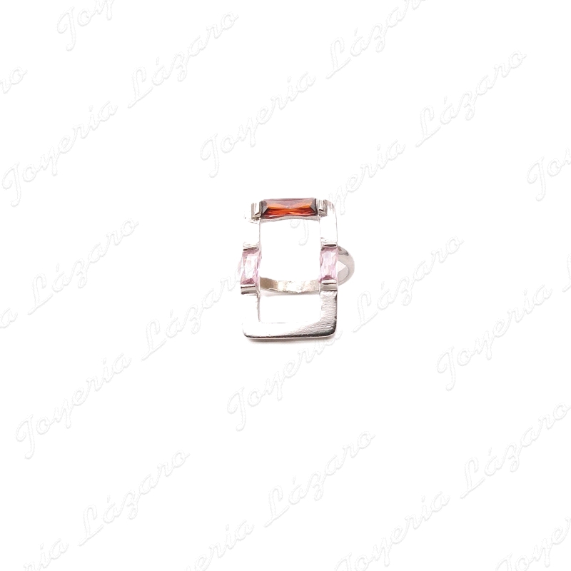 SORTIJA PLATA CHAPADA PLATINO AJUSTABLE CUADRADO CIRCO BAGUETTE ROSA