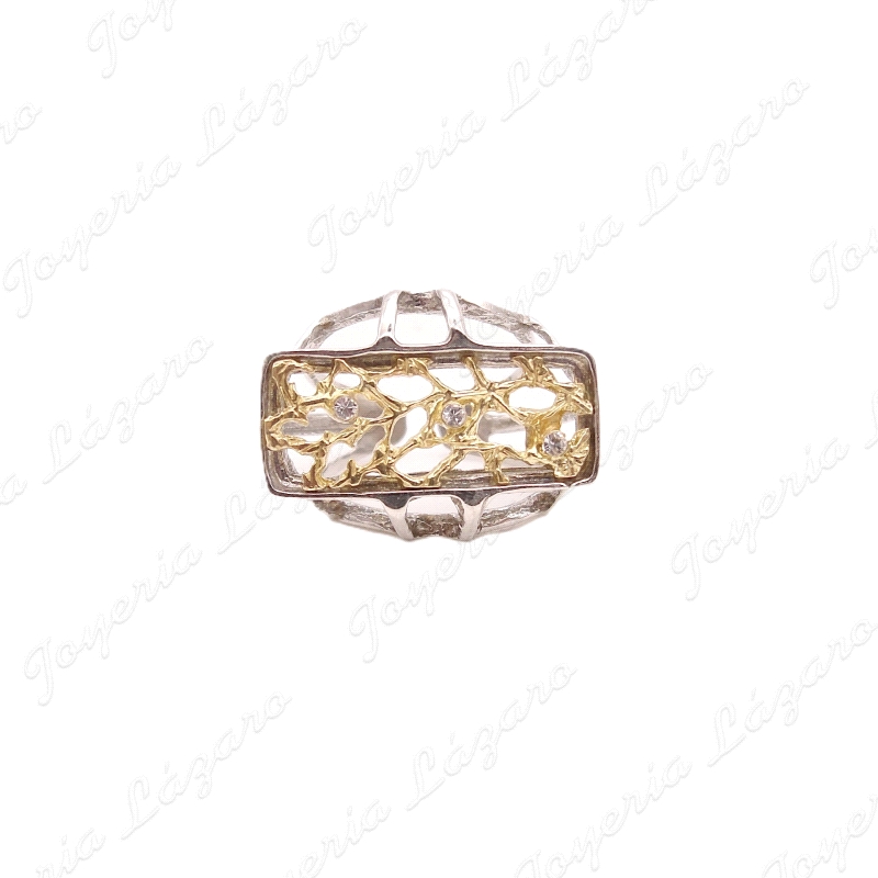 SORTIJA PLATA CHAPADA EN PLATINO Y ORO, RECTANGULAR  AJUSTABLE, CALADA