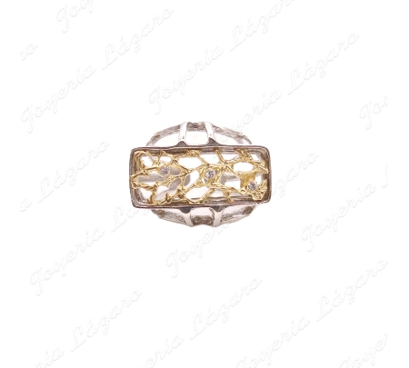 SORTIJA PLATA CHAPADA EN PLATINO Y ORO, RECTANGULAR AJUSTABLE, CALADA