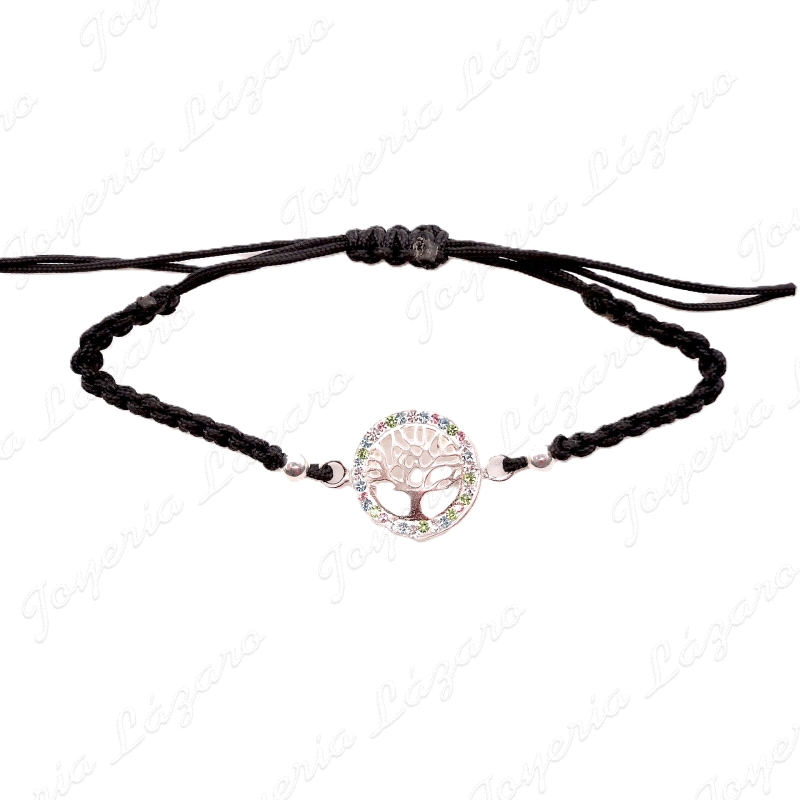 PULSERA PLATA MACRAME + ARBOL VIDA CIRCONITAS COLORES
