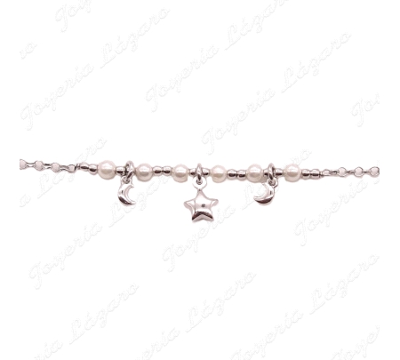 PULSERA PLATA PERLITAS+ESTRELLA Y DOS LUNAS