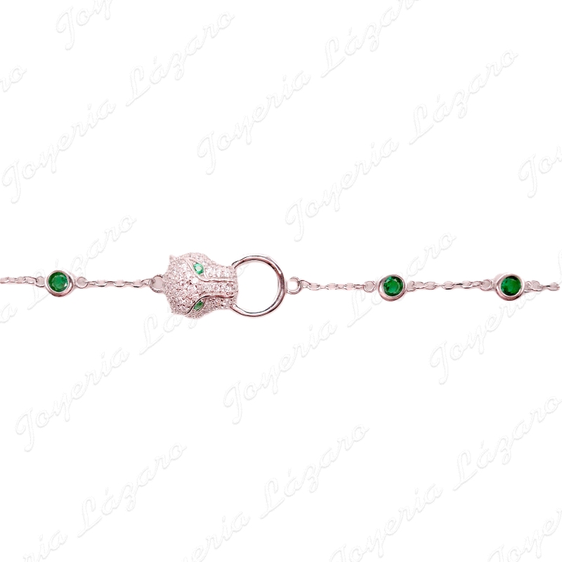 PULSERA PLATA JAGUAR OJOS VERDES+CIRCOS ESMERALDA BOCEL