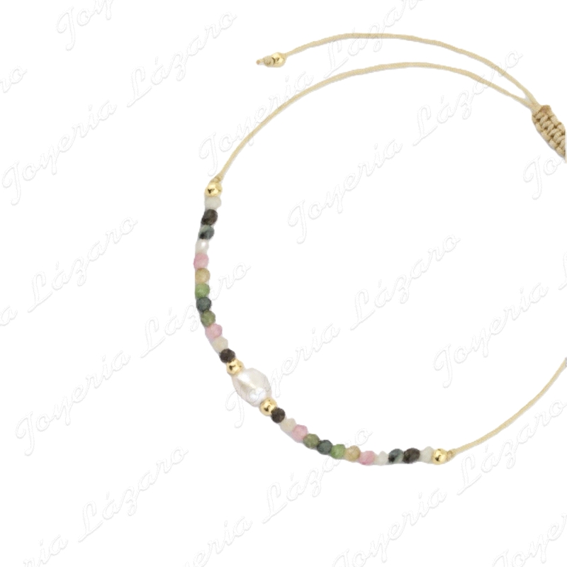 PULSERA PLATA BOLAS CHAPADAS+PERLA+PIEDRAS MULTICOLOR HILO