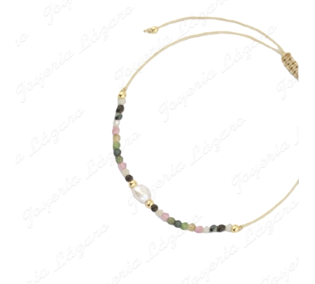 PULSERA PLATA BOLAS CHAPADAS+PERLA+PIEDRAS MULTICOLOR HILO