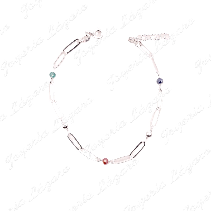 PULSERA PLATA ESLAB, FORZADOS LARGOS, BOLITAS COLORES
