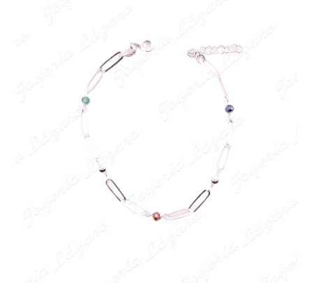 PULSERA PLATA ESLAB, FORZADOS LARGOS, BOLITAS COLORES