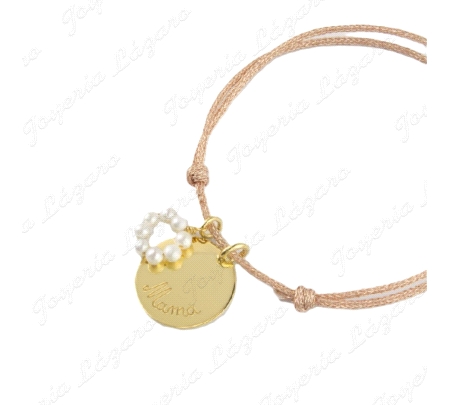 PULSERA HILO ROSA+MEDALLA PLATA CHAPADA ORO MAMA+ARITO PERLAS
