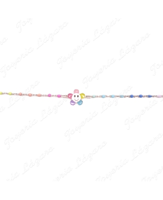 PULSERA PLATA BOLITAS COLOORES Y FLOR CARITA ESMALTADA