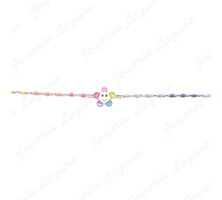 PULSERA PLATA BOLITAS COLOORES Y FLOR CARITA ESMALTADA