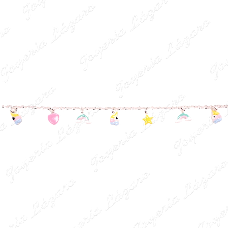 PULSERA PLATA UNICORNIO+ESTRELLA+CORAZON+ARCOIRIS ESMALTE COLORES