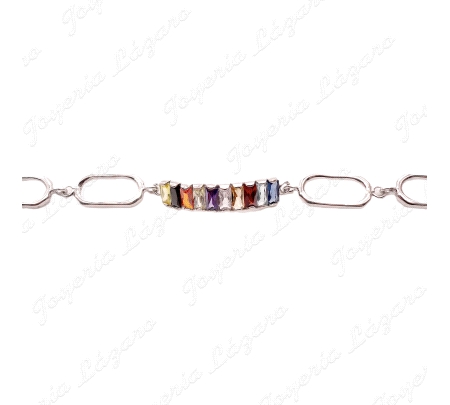 PULSERA PLATA CHAPADA PLATINO ESLABONES+CIRCOS BAGUETTE COLORES