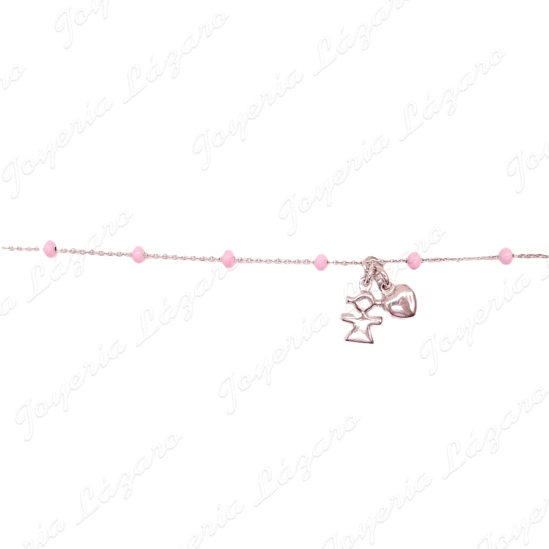 PULSERA PLATA BOLITAS ESMALTE ROSA+NIÑA Y CORAZON COLGANDO