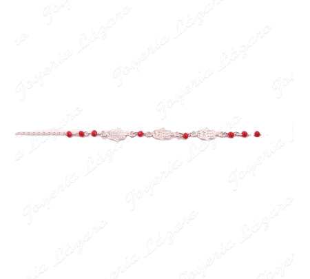 PULSERA PLATA BOLITAS ROJAS Y MANO FATIMA