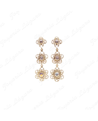 PEND. LARGOS PLATA CHAPADA ORO FILIGRANA 3 FLORS CON SWAROVSKI BLANCO
