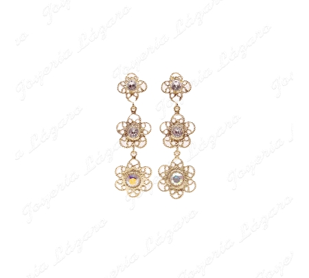 PEND. LARGOS PLATA CHAPADA ORO FILIGRANA 3 FLORS CON SWAROVSKI BLANCO