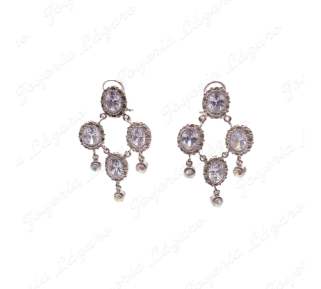 PEND. LARGOS PLATA CHAPADA EN PLATINO 4 CRISTALES EN CERCO FILIGRANA